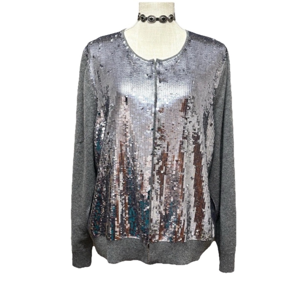VTG WOMEN 100% CASHMERE BLING CARDIGAN SEQUINS 1X/2X GREY MERMAID SIREN *READ*